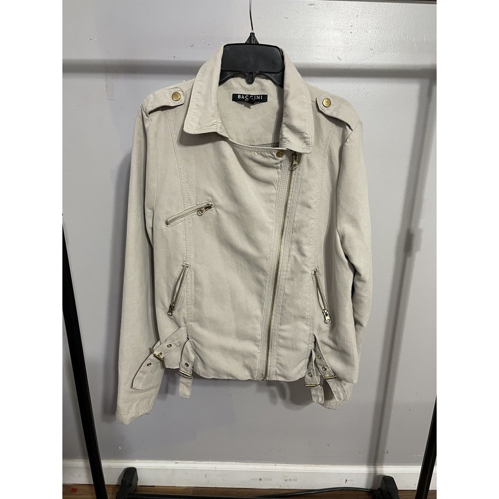 Baccini Womens Faux Suede Moto Jacket Cream Asymmetrical Zip Buckle Detail